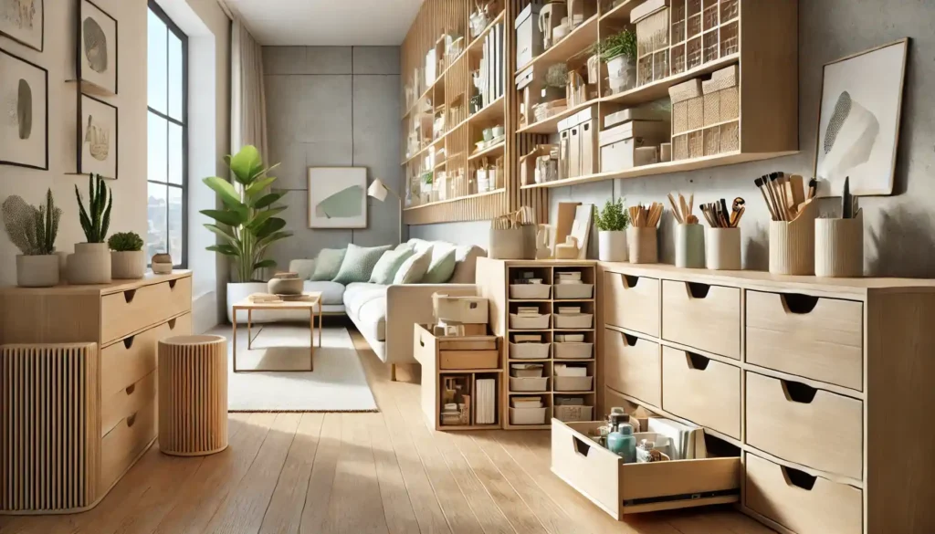Illustration of maximizing small apartment space with essential drawer organizers, showcasing stylish and functional storage solutions for urban living.