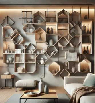 Beautiful artistic shelves in a modern, urban apartment, showcasing elegant and functional storage solutions to optimize small spaces