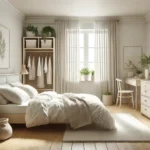 Serene and organized minimalist bedroom with natural light, a neatly made bed, small green plants, and clutter-free modern furniture for a tranquil atmosphere.