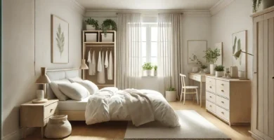 Serene and organized minimalist bedroom with natural light, a neatly made bed, small green plants, and clutter-free modern furniture for a tranquil atmosphere.