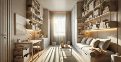 Stylish and organized small apartment with multi-functional furniture, floating shelves, natural light, and minimalistic decor for compact spaces.