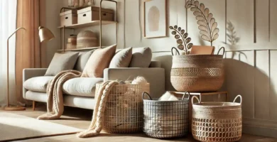 Decorative baskets used in a modern living room for organized storage, showing woven and metal designs that enhance home decor and minimize clutter.