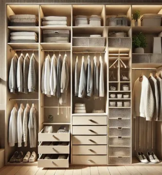 Well-organized compact closet with space-saving solutions for small apartments, featuring hooks, shelves, and hangers in a minimalist design.