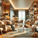 A stylish and organized living room with cozy pillows, throws, and well-arranged furniture, ready for guests