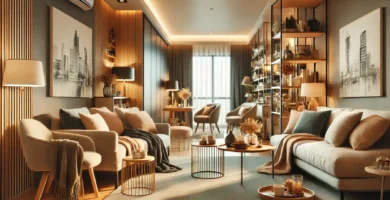 A stylish and organized living room with cozy pillows, throws, and well-arranged furniture, ready for guests