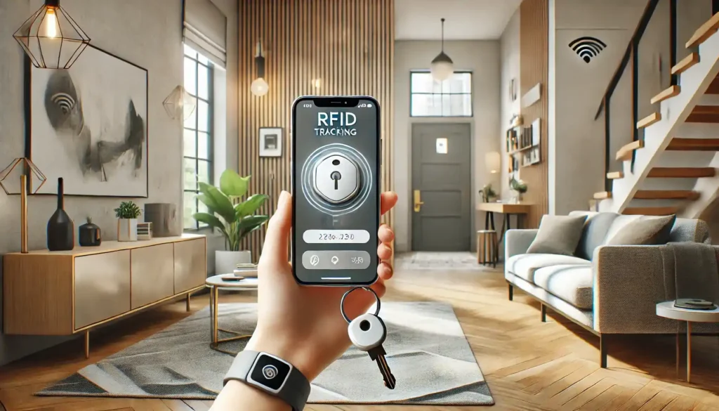 RFID technology for tracking keys in a modern, organized home with smartphone interface and smart key tracker