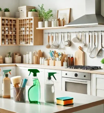 Essential items for a spotless kitchen including organized storage solutions, eco-friendly cleaning products, and sleek kitchen tools