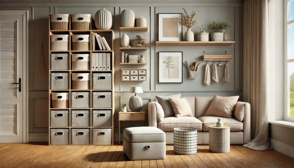 Stylish and functional living room featuring elegant storage baskets, decorative wall shelves, a drawer organizer, multi-functional ottoman, and decorative bookends for an organized and aesthetic space.