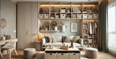 Stylish home with organized living space, decorative baskets, floating shelves, and functional furniture for efficient small apartment decor