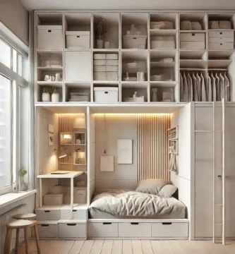 A small, organized urban apartment using vertical storage solutions such as wall-mounted shelves, lofted bed, and floating nightstand to maximize space efficiently.