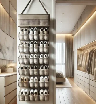 Hanging shoe organizer in a small urban apartment closet, showcasing organized shoes and a minimalist design.