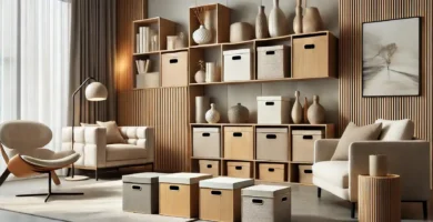 Modern living room with stylish storage boxes on shelves, blending functionality and home décor aesthetics.