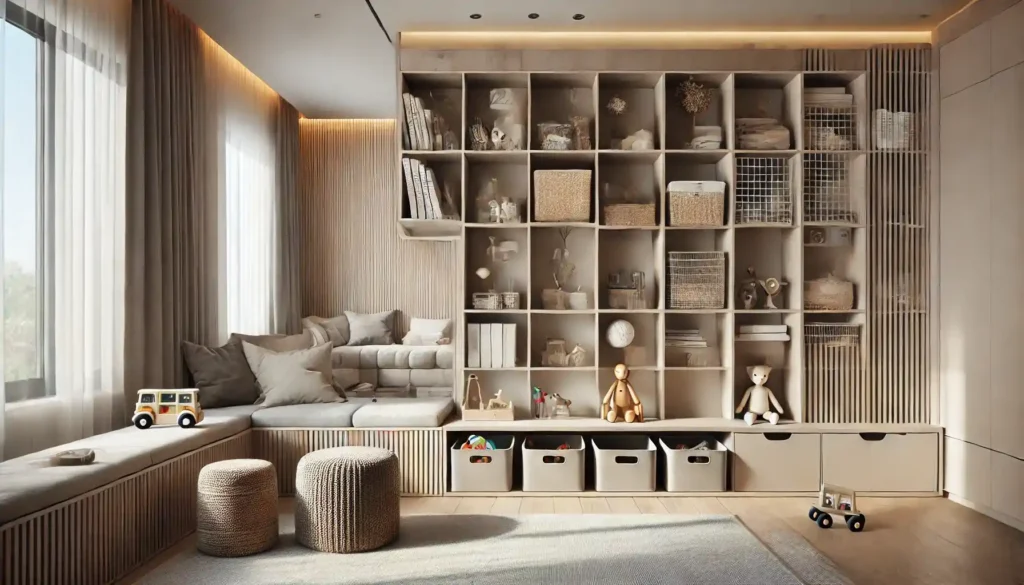 A modern living room with multifunctional furniture and stylish toy storage solutions, including chic baskets, elegant shelves, and hidden storage units, blending functionality with home aesthetics.