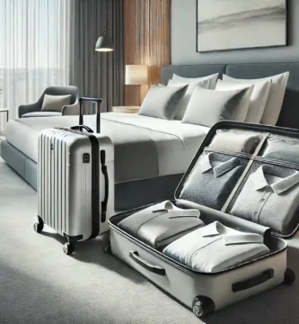 Open suitcase in a stylish hotel room with clothes neatly packed in vacuum bags, highlighting saved space.