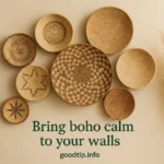Neutral boho basket wall with overlapping weaves and cactus decor