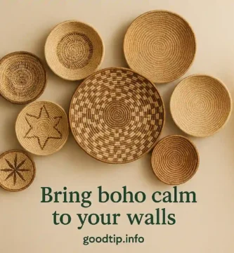 Neutral boho basket wall with overlapping weaves and cactus decor