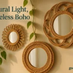 Boho-style rattan mirror wall decor with natural light and plants