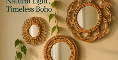 Boho-style rattan mirror wall decor with natural light and plants
