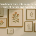Gallery wall featuring vintage botanical prints, line drawings, and herbarium art in a modern calm decor.