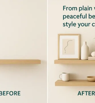 Before and after of a neutral styled shelf in light oak tones with calming decor