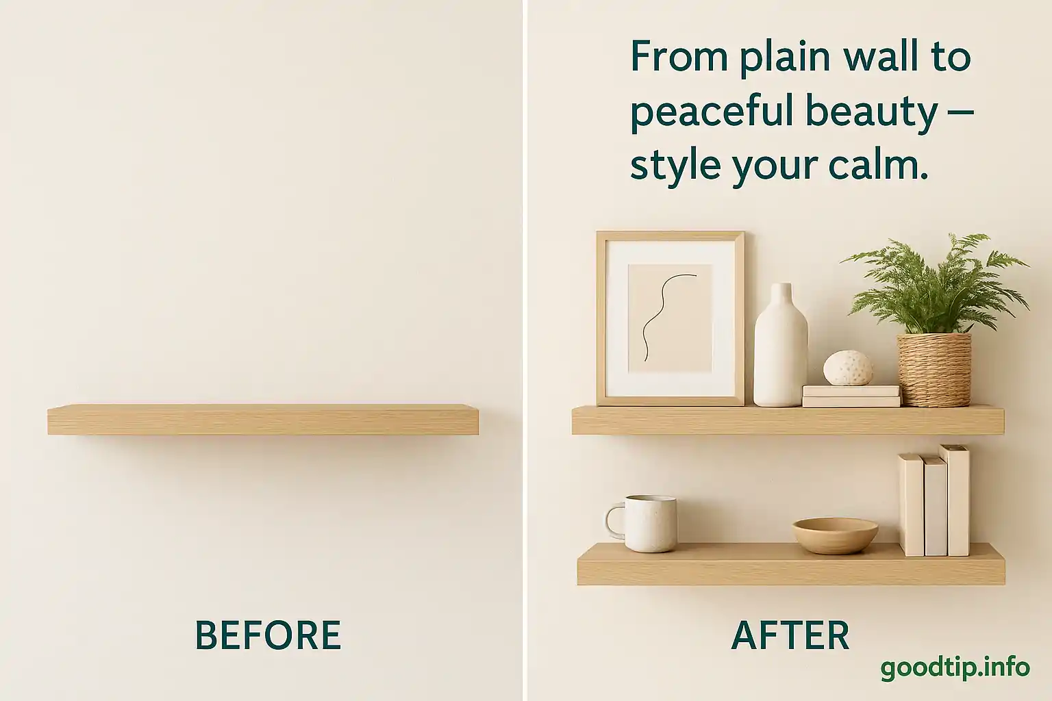 Before and after of a neutral styled shelf in light oak tones with calming decor