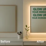 Before and after mirror setup with soft LED backlighting for a clean girl aesthetic vanity