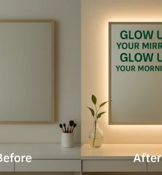 Before and after mirror setup with soft LED backlighting for a clean girl aesthetic vanity