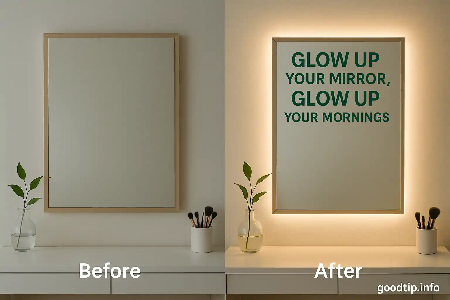 Before and after mirror setup with soft LED backlighting for a clean girl aesthetic vanity