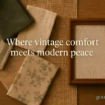 Flat lay of vintage-inspired fabrics with warm lighting and rustic charm