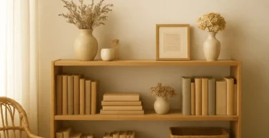 A cozy cottagecore bookshelf styled with vintage books, dried flowers, and warm natural light, creating storybook vibes in a serene home interior.