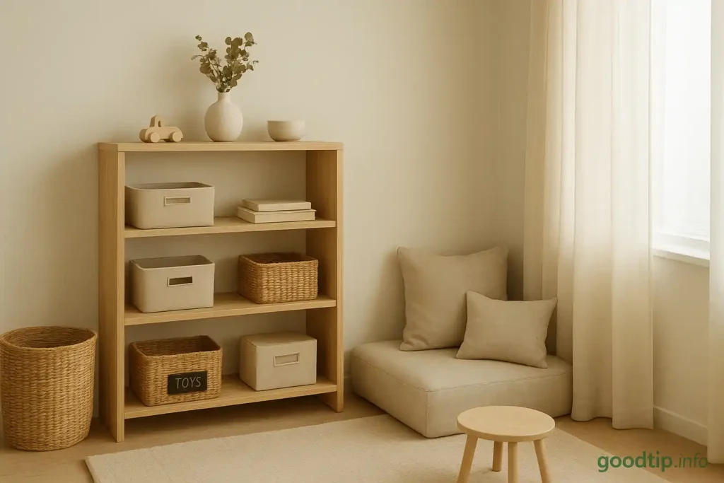 A modern, stylish playroom with labeled baskets, modular shelves, and a cozy reading nook in warm neutral tones. Perfect toy storage ideas that maintain home aesthetics.