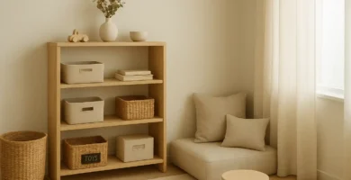 A modern, stylish playroom with labeled baskets, modular shelves, and a cozy reading nook in warm neutral tones. Perfect toy storage ideas that maintain home aesthetics.