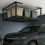 Overhead 4x8 heavy-duty garage ceiling storage racks optimizing space with clean modern design.