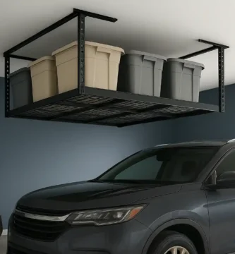 Overhead 4x8 heavy-duty garage ceiling storage racks optimizing space with clean modern design.