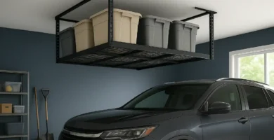 Overhead 4x8 heavy-duty garage ceiling storage racks optimizing space with clean modern design.