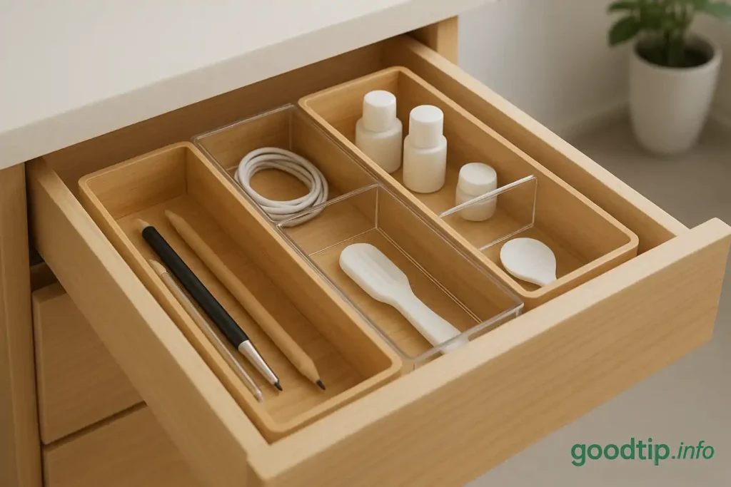 Organized bamboo and acrylic drawer organizers maximizing small apartment space with minimalist style.