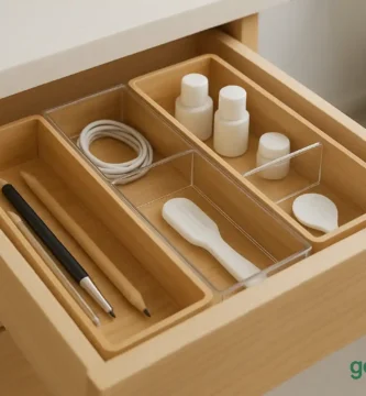 Organized bamboo and acrylic drawer organizers maximizing small apartment space with minimalist style.