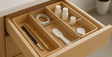 Organized bamboo and acrylic drawer organizers maximizing small apartment space with minimalist style.