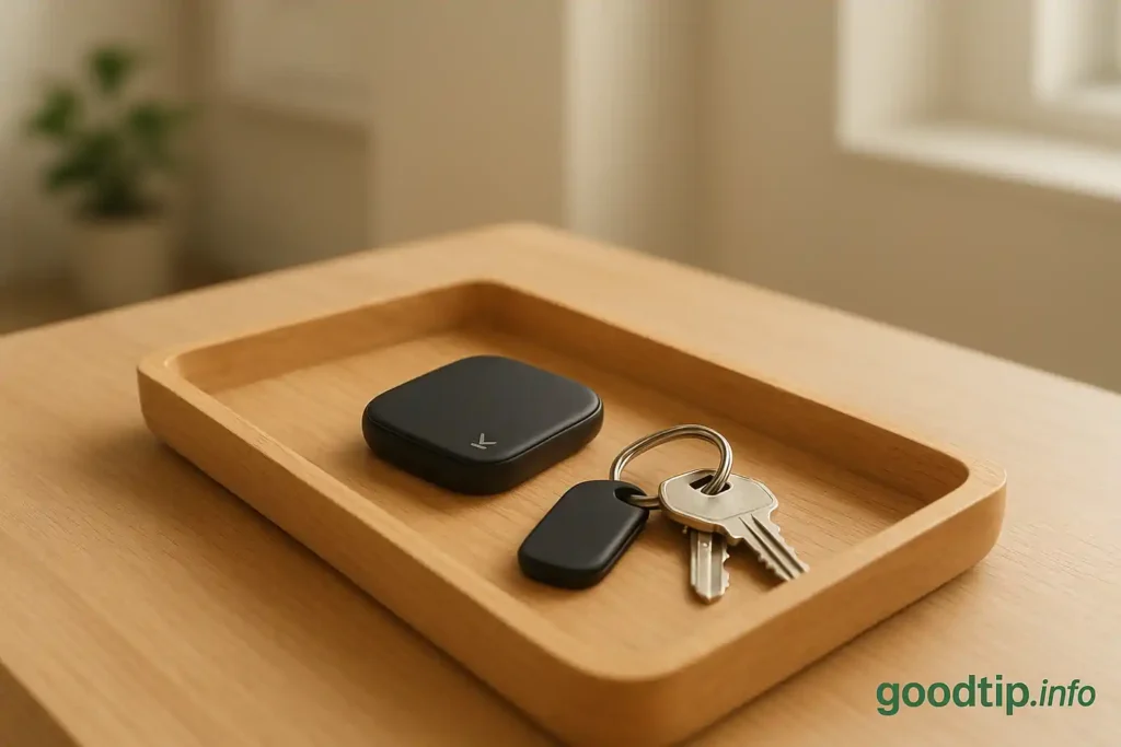 Wooden entryway tray with RFID tracker beside house keys, symbolizing calm and organization.