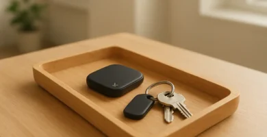 Wooden entryway tray with RFID tracker beside house keys, symbolizing calm and organization.