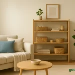 Calm minimalist living room with organized shelves, cozy textures, and natural light representing stress-free home organization