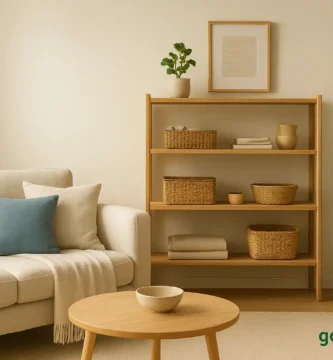 Calm minimalist living room with organized shelves, cozy textures, and natural light representing stress-free home organization
