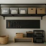 Modern garage with steel overhead racks for safe and smart storage, organized bins and clean industrial design
