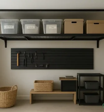 Modern garage with steel overhead racks for safe and smart storage, organized bins and clean industrial design