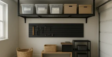 Modern garage with steel overhead racks for safe and smart storage, organized bins and clean industrial design