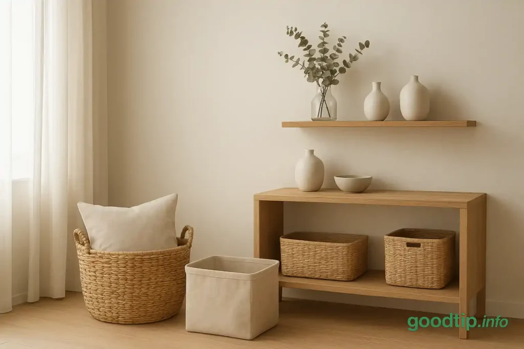 A minimalist living room styled with woven baskets, linen bins, and open shelves — blending organization and decor in a serene neutral palette.