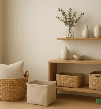 A minimalist living room styled with woven baskets, linen bins, and open shelves — blending organization and decor in a serene neutral palette.