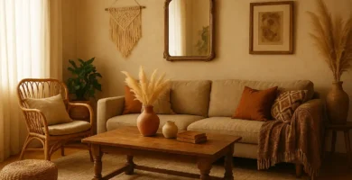 Boho vintage living room with warm lighting, antique accents, and cozy textures