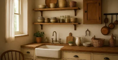 A cozy vintage kitchen with rustic wood accents and nostalgic cottage-style décor.