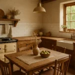 Rustic farmhouse kitchen decor with natural wood, cozy textures, and vintage-inspired details